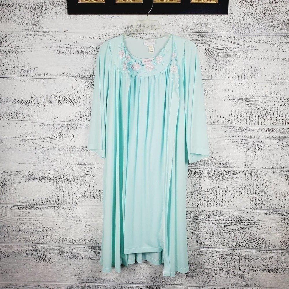 Vintage Shadowline Intimates Sleepwear Floral Embroidered Trim Dress & Robe S/M